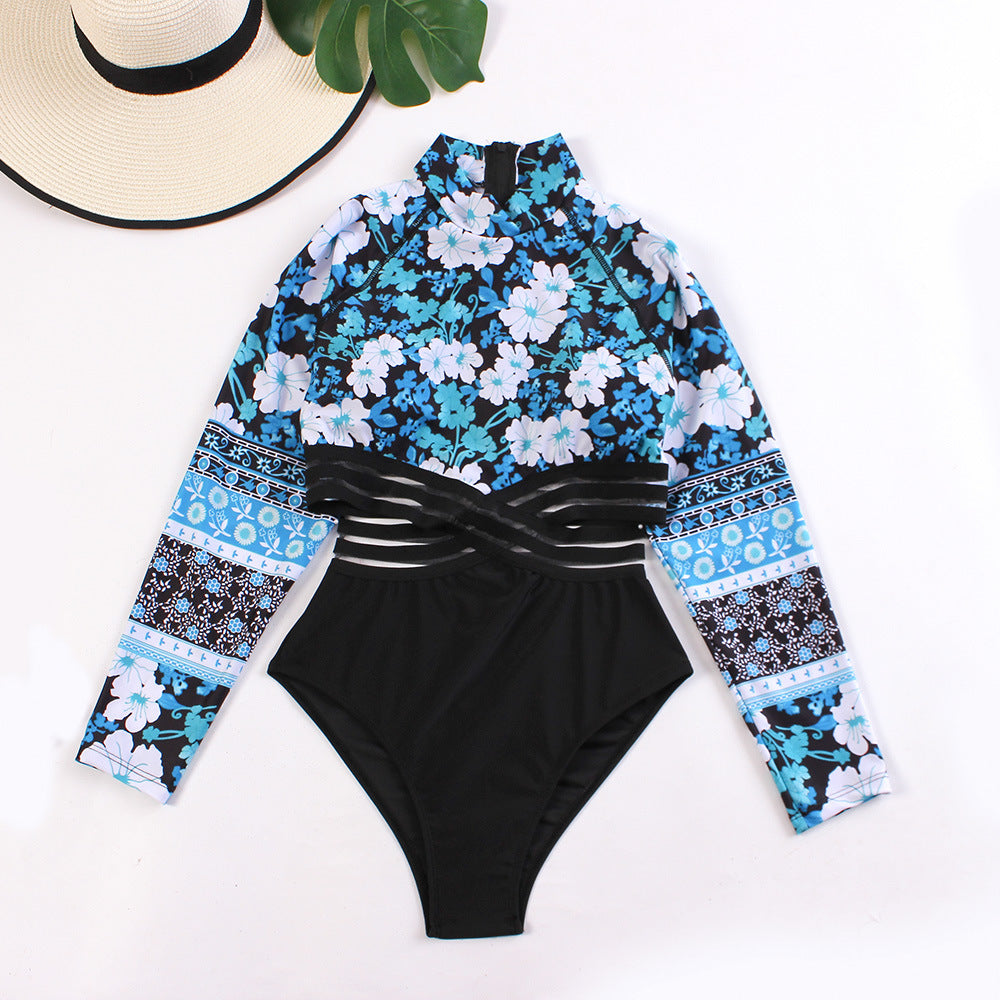 Wholesale Back Zipper Printed Long Sleeve One-Piece Sunscreen Hollow Skinny Polyester Swimwear